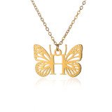 Stainless steel 26 letter hollowed out butterfly necklace