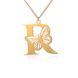 Stainless steel 26 letter hollowed out butterfly necklace
