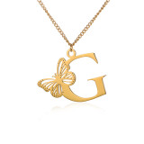 Stainless steel 26 letter hollowed out butterfly necklace
