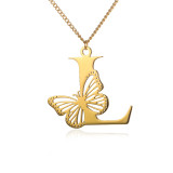 Stainless steel 26 letter hollowed out butterfly necklace