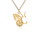 Stainless steel 26 letter hollowed out butterfly necklace