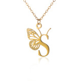 Stainless steel 26 letter hollowed out butterfly necklace