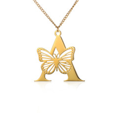 Stainless steel 26 letter hollowed out butterfly necklace