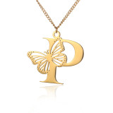 Stainless steel 26 letter hollowed out butterfly necklace