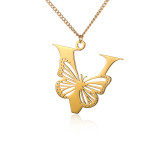 Stainless steel 26 letter hollowed out butterfly necklace