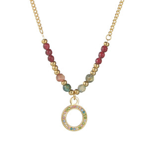 Stainless Steel Colorful Beaded Zircon Pendant Necklace