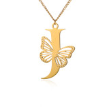 Stainless steel 26 letter hollowed out butterfly necklace