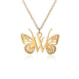 Stainless steel 26 letter hollowed out butterfly necklace