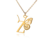 Stainless steel 26 letter hollowed out butterfly necklace