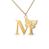 Stainless steel 26 letter hollowed out butterfly necklace