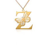 Stainless steel 26 letter hollowed out butterfly necklace