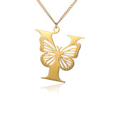 Stainless steel 26 letter hollowed out butterfly necklace