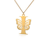 Stainless steel 26 letter hollowed out butterfly necklace