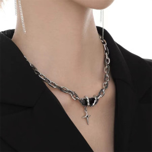 Stainless steel black and white stone cross stitching necklace bracelet