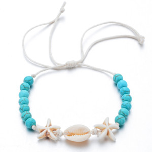 Natural stone shell hand woven adjustable wax rope bracelet