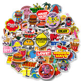 50 pieces of food text mixed with American stickers, graffiti cartoon, reusable waterproof stickers