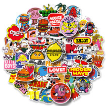 50 pieces of food text mixed with American stickers, graffiti cartoon, reusable waterproof stickers