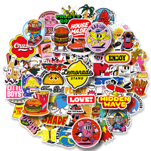 50 pieces of food text mixed with American stickers, graffiti cartoon, reusable waterproof stickers