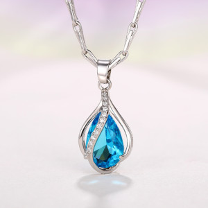 Sea Blue Heart Water Drop Zircon Copper Pendant