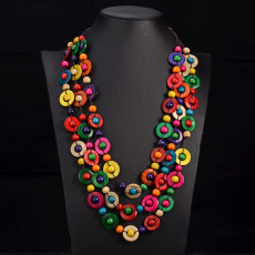 Bohemian Ethnic Style Necklace Coconut Shell Pendant Colorful Multi layered Beads Handwoven Long Necklace