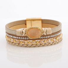 Braided Beaded Leather Gem Magnetic Buckle Bracelet