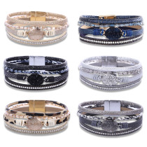 Braided Beaded Leather Gem Magnetic Buckle Bracelet