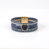 Beaded leather woven love crushed stone inlaid diamond magnetic buckle bracelet