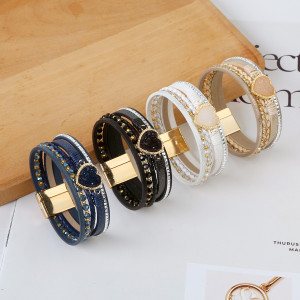 Beaded leather woven love crushed stone inlaid diamond magnetic buckle bracelet
