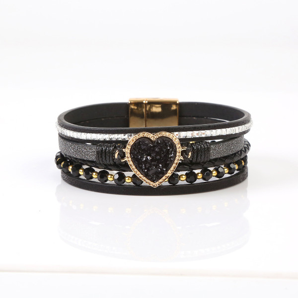 Beaded leather woven love crushed stone inlaid diamond magnetic buckle bracelet