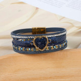 Beaded leather woven love crushed stone inlaid diamond magnetic buckle bracelet