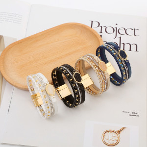 Braided Beaded Leather Gem Magnetic Buckle Bracelet