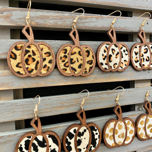 Halloween pumpkin genuine leather earrings with leopard pattern inlaid holiday earrings