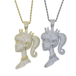 Full Diamond Crown Queen Barbie Pendant Gold Silver Necklace