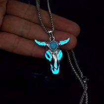 Turquoise Skull Oxhead Stainless Steel Glow Necklace