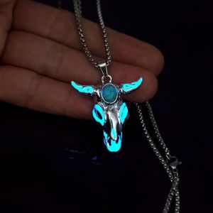 Turquoise Skull Oxhead Stainless Steel Glow Necklace