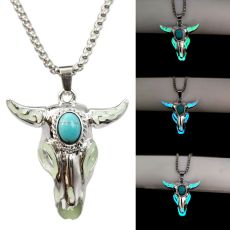 Turquoise Skull Oxhead Stainless Steel Glow Necklace