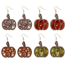 Halloween pumpkin wood texture inlaid acrylic glitter sequin hollowed out earrings