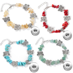 Natural Stone Crushed Stone Alloy Butterfly Bracelet fit 20MM  Snaps button jewelry wholesale