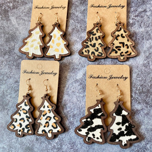 Christmas Wooden Earrings Bohemian Genuine Horse Hair Inlaid Leather Earrings