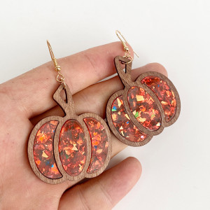 Halloween pumpkin wood texture inlaid acrylic glitter sequin hollowed out earrings