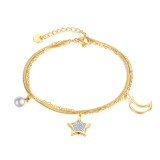 Stainless Steel Zircon Pearl Double Layer Star Moon Bracelet