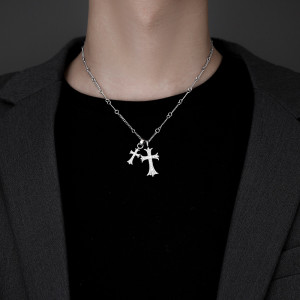 Stainless steel double cross necklace