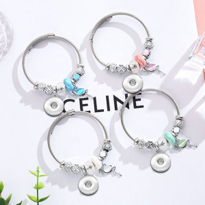 Stainless steel Flamingo pendant adjustable beaded bracelet fit 20MM  Snaps button jewelry wholesale