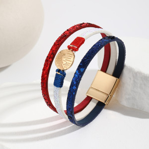 Red, white, and blue color matching circular hand wound sequins PU magnetic buckle bracelet