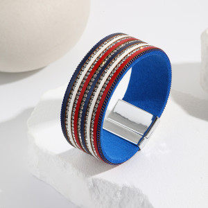 Red, white, blue color matching bracelet, water diamond chain, handcrafted leather magnetic buckle bracelet