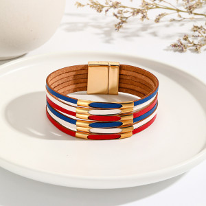 Red, White, Blue PU Handmade Copper Tube Magnet Buckle Bracelet