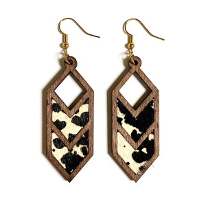 Leopard patterned cow patterned genuine leather earrings with geometric inlay earrings and hollowed out wooden earrings