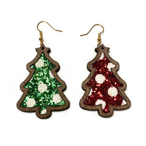 Christmas Sparkling Leather Earrings with Dotted Christmas Tree Holiday Earrings