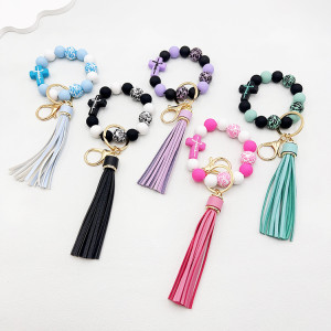 Silicone Cross Leopard Pattern Wood Bead Bracelet PU Tassel Keychain