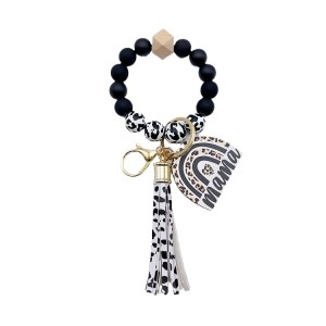 Round Beads Cow Pattern Wood Beads Mama Rainbow Wood Brand Tassel Hand Chain Keychain Mom